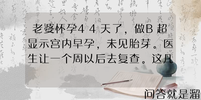 老婆怀孕44天了，做B超显示宫内早孕，未见胎芽。医生让一个周以后去复查。这几天心里一直慌慌的，怎么办？